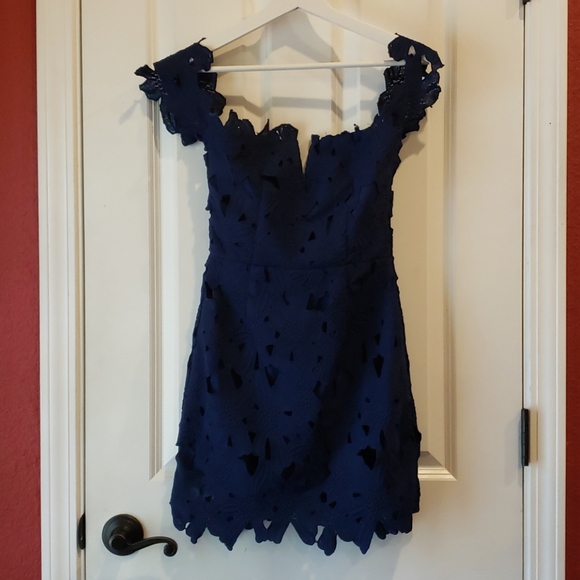 SAYLOR x FREE PEOPLE Navy Blue Off-Shoulder Crochet Lace Dahlia Dress sz XS - Picture 5 of 14